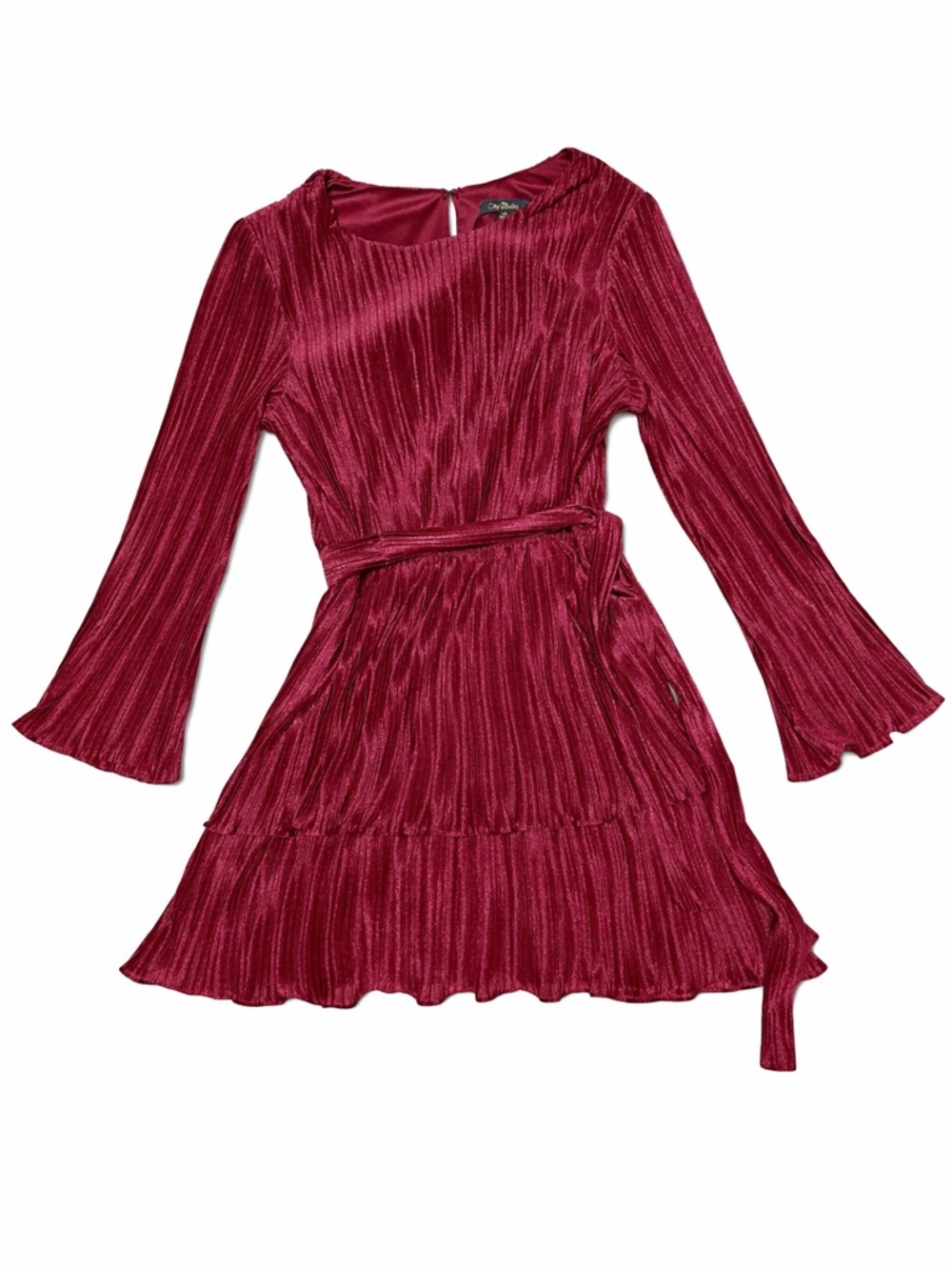 City Studio Burgundy Pleated Long-Sleeve Dress